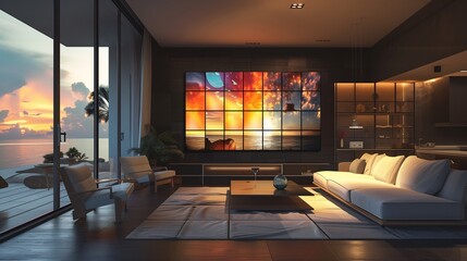 A contemporary living room featuring a wall-mounted digital art display that changes images
