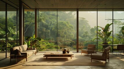 A contemporary living room in a glass house