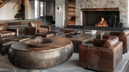 A contemporary living room with a rustic touch