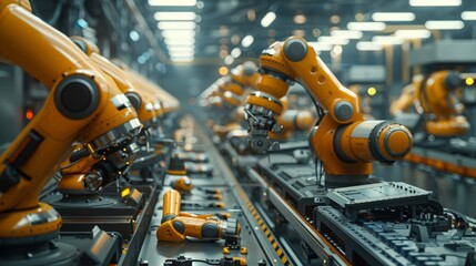 A factory floor with rows of automated machinery and robots efficiently assembling products. Technicians in hard hats and safety vests oversee the operation, showcasing the blend of human expertise