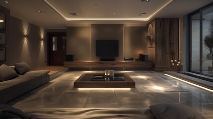 A contemporary living room with streamlined furniture and a neutral color palette