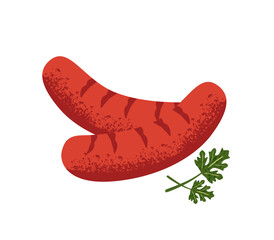 Grilled sausages for hot dog. Roasted bratwursts from pork, beef. Tasty barbecue frankfurters with leaf of parsley. Organic meat, cooked food. Flat isolated vector illustration on white background