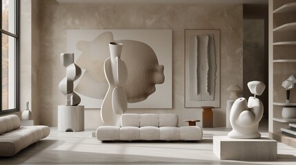 A contemporary living room with a focus on modern sculpture