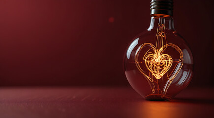 A Light bulb with a heart shape glowing filament placed on a red background with copy space, Valentine day love making concept
