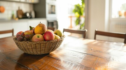 Basket of Fresh Fruits on Kitchen Table: Rustic and Inviting Indoor Arrangement with Apples, Oranges, Grapes, and More