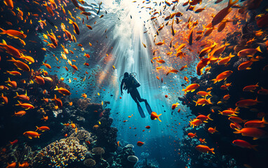 Scuba diver descends into the deep blue sea, surrounded by a vibrant school of fish, under rays of sunlight piercing the water