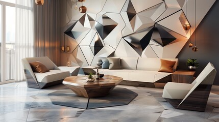 A contemporary living room with an emphasis on geometric designs