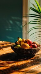 Basket of Fresh Fruits on Kitchen Table: Rustic and Inviting Indoor Arrangement with Apples, Oranges, Grapes, and More