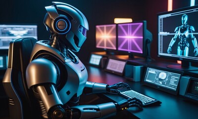 A robot stands in front of a computer screen with many monitors.