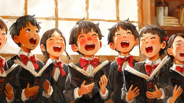 Illustration of a joyful choir rehearsing, with members singing from songbooks, illuminated by warm light.