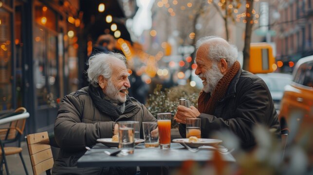 An Elderly LGBTQ+ Couple Sitting At An Outdoor CafÃ©, Enjoying A Meal Together With City Buildings In The Background