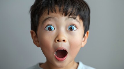 A surprised young boy with an open mouth and wide eyes, expressing amazement against a plain gray background.
