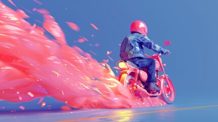 A vibrant illustration of a motorcycle rider speeding with a dynamic, fiery trail on a road.