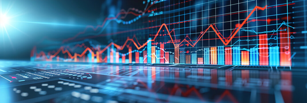 Graph, chart and hologram of stock market, financial management and investment profit tracking.
