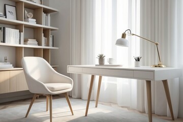 Frosty White Study Room Design With Cream Upholstered Chair