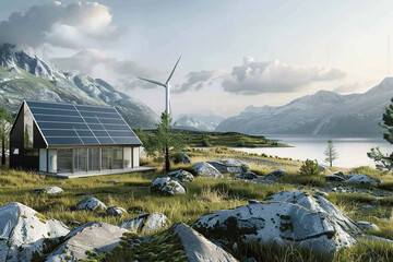 Sustainable off-grid lifestyle featuring a modern renewable power station with solar panels and wind turbines generating clean electricity in a remote area 