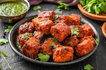 Fototapeta premium Spicy grilled chicken chunks with fresh herbs on a plate
