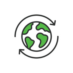 Renew earth, in line design, green. Renew, earth, green, recycle, sustainability, environment, nature on white background vector. Renew earth editable stroke icon.