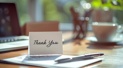 A close-up of a handwritten note that says "Thank You" on a desk with a laptop and coffee cup in the background.