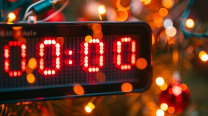 A digital clock strikes midnight, surrounded by warm Christmas lights, capturing the moment of transition into a new day.