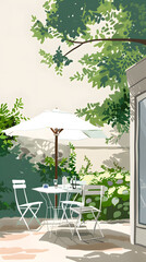 Fototapeta premium Dinner in the garden modern, art illustration, poster in minimalist style. Garden furniture romantic image with no people
