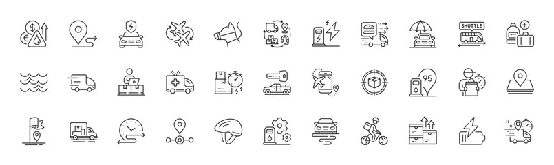 Car insurance, Shuttle bus and Pin line icons. Pack of Delivery bike, Fuel price, Flight destination icon. Truck delivery, Dog leash, Online storage pictogram. Truck transport. Line icons. Vector