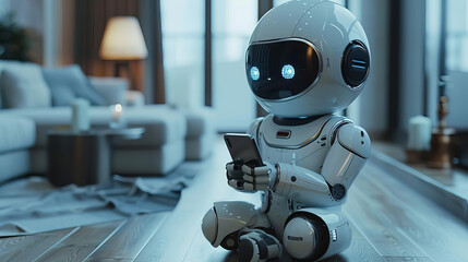 A small white robot sits on the floor of a modern home and looks at the screen of a smartphone.