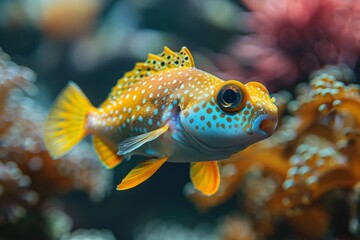 Obraz premium Pufferfish inflating its body as a defense mechanism, representing marine oddities. 