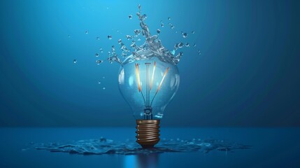 Striking image of a clear lightbulb with visible filaments, partially submerged and causing a dynamic splash in water, set against a blue background.