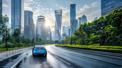 Sustainable Electric Automobile Navigating Futuristic Eco Friendly Cityscape - Powered by Adobe