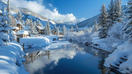 Beautiful mountain with snow and calm lake water of picturesque landscape. AI generated image