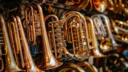 Luxury row of gold brass wind instruments. AI generated image