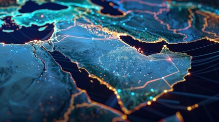 The abstract map of Saudi Arabia and surrounding regions in the Middle East and North Africa showcases a global network. This design illustrates the flow of data transfer