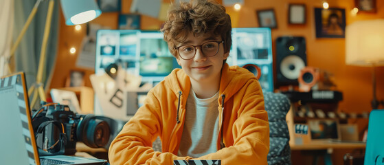 Fototapeta premium Portrait of a young male artist sitting at his desk in a creative studio, smiling at the camera.