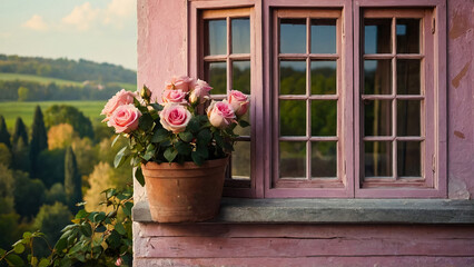 Bouquet of flowers pink roses on the window. Rustic still life. Cosiness in the house.
