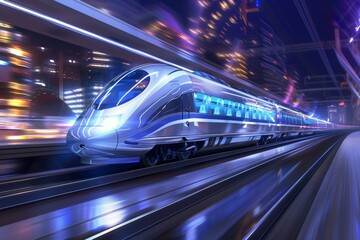 Fototapeta premium High-speed train, city background, night scene, cool tone, white body, streamlined design, modern style, glass windows, dynamic blur, illuminated in the style of lights in the front of buildings.