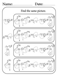 Sloth Puzzle. Printable Activity Page for Kids. Educational Resources for School for Kids. Kids Activity Worksheet. Find Similar Shape