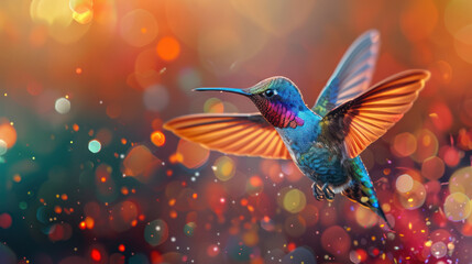 hummingbird with colorful background. Small Flying colorful bird. panorama photo