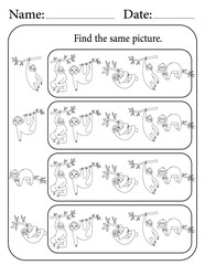 Sloth Puzzle. Printable Activity Page for Kids. Educational Resources for School for Kids. Kids Activity Worksheet. Find Similar Shape