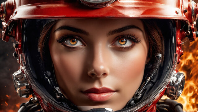 Fembot Firefighter Close up of a brave heroic robot woman with strong dependable features a