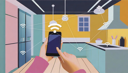 A person with a smartphon controls home appliances. Home automation concept. Internet of things, IoT. Controlling kitchen appliances with the smartphone