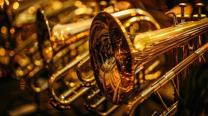 Luxury row of gold brass wind instruments. AI generated image