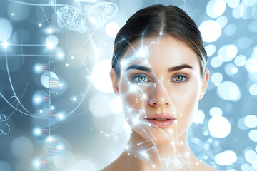 Skincare, science and cotton on woman face in studio with dna, genetics or checklist overlay.