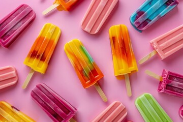 Colorful popsicles arranged on a pink background, showcasing a variety of vibrant flavors. Ideal for summer, dessert, and frozen treat themes.