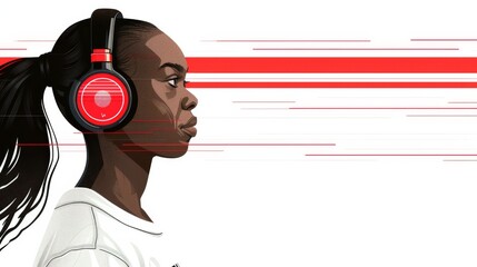 Side profile of a thoughtful woman listening to music on her headphones, with abstract red lines in the background.