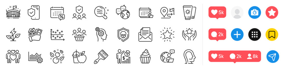 Cupcake, Calendar tax and Juice line icons pack. Social media icons. Journey, Seo statistics, Accounting web icon. Rank star, Buyers, Clean bubbles pictogram. Vector