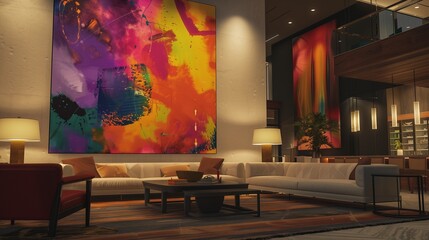 A high-end living room with a focus on modern art