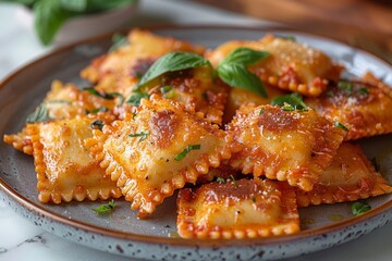 Ravioli: A plate of ravioli with visible fillings, served in a light butter or tomato sauce, garnished with fresh basil or sage.