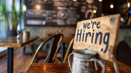 A were hiring sign laying on a table, ready for job seekers