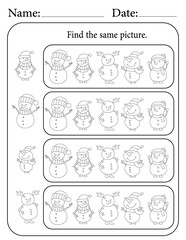 Snowman Puzzle. Printable Activity Page for Kids. Educational Resources for School for Kids. Kids Activity Worksheet. Find Similar Shape